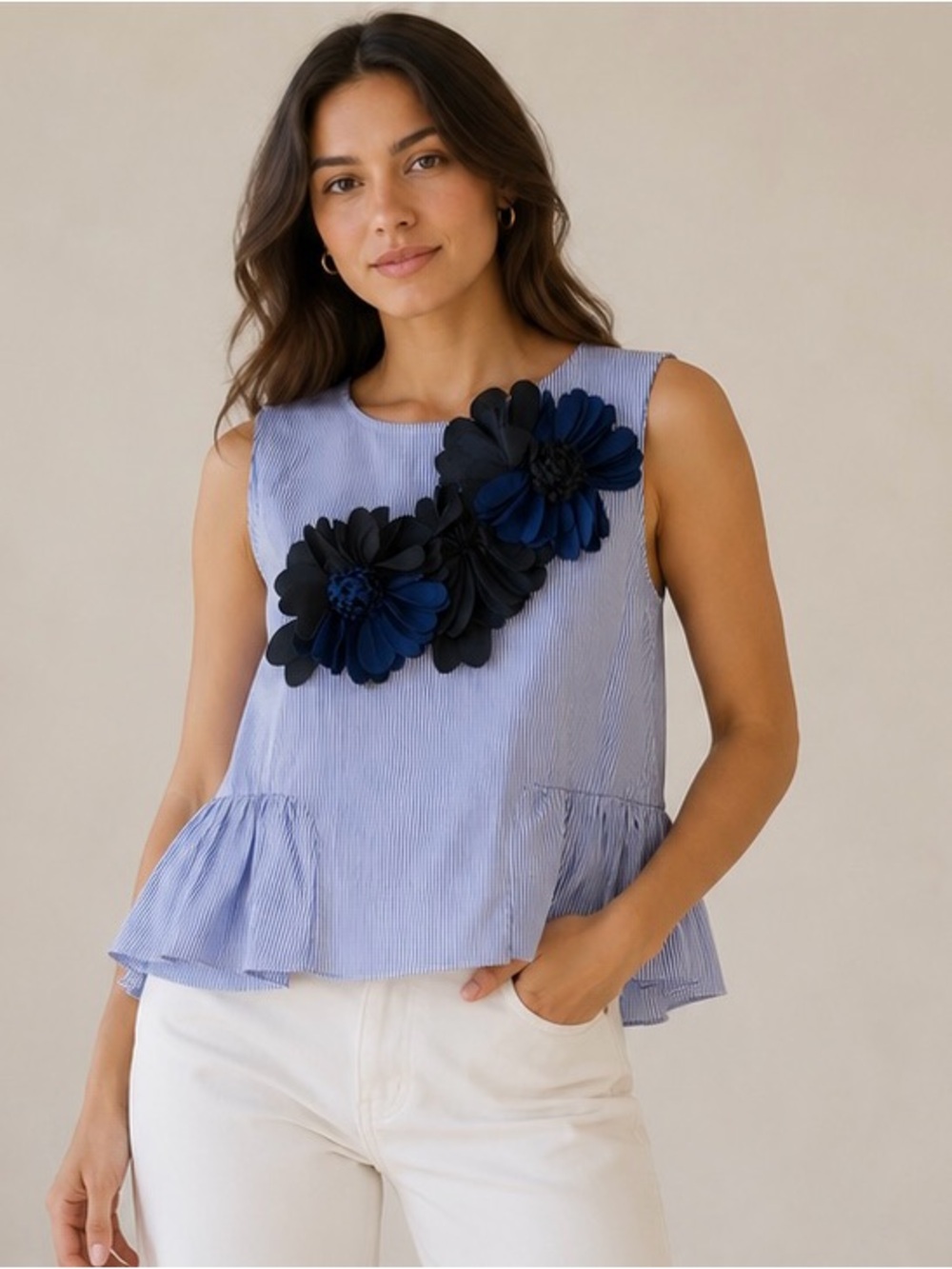 IMPERIAL Blue Stripe Girls Sleeveless Top with 3D Floral Appliqué